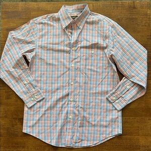 Orvis men’s bright crisp, blue orange plaid pinstripe button down collar size M‌